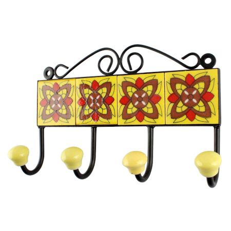 Ceramic Floral Tile Hook in Yellow